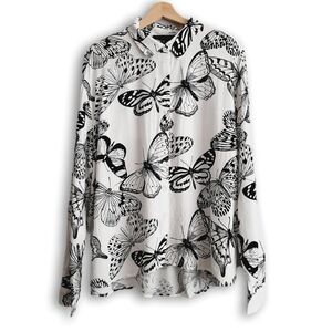 JANE AND DELANCEY Butterfly Print Button Down Shirt Black & White B&W Sz XL Flaw